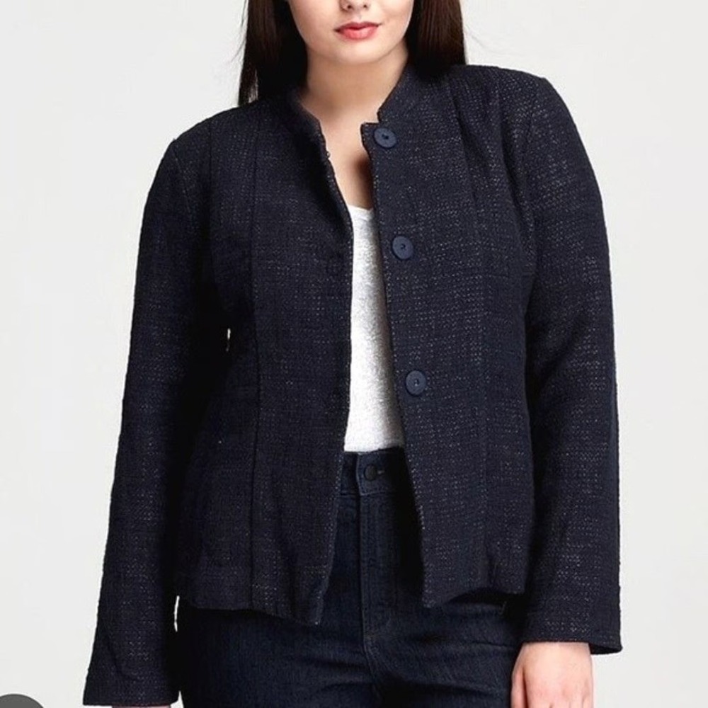 Eileen Fisher Women's M Cotton Linen Mandarin Collar Jacket Blue Button Front